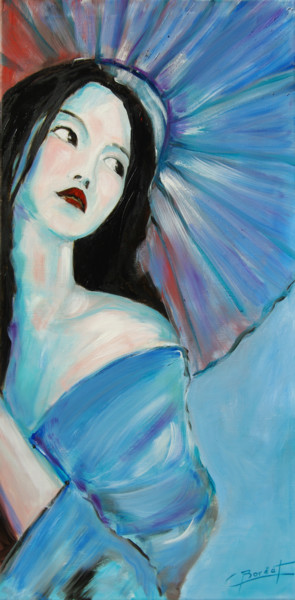 Painting titled "Japonaise fond bleu" by Claude Bordat, Original Artwork, Oil Mounted on Wood Stretcher frame