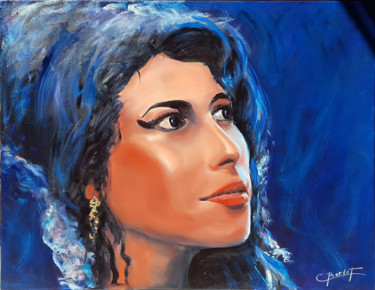 Painting titled "Amy Winehouse" by Claude Bordat, Original Artwork, Oil Mounted on Wood Stretcher frame