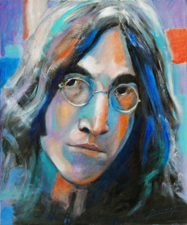 Schilderij getiteld "John Lennon" door Claude Bordat, Origineel Kunstwerk, Olie Gemonteerd op Frame voor houten brancard