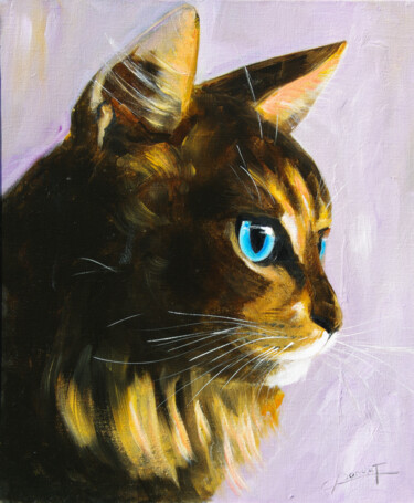 Painting titled "Chat marron" by Claude Bordat, Original Artwork, Oil Mounted on Wood Stretcher frame