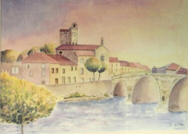 Painting titled "le pont et le cloch…" by Claude Conte, Original Artwork, Watercolor