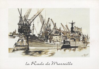 Schilderij getiteld "la rade de MARSEILLE" door Claude Dubois, Origineel Kunstwerk, Aquarel