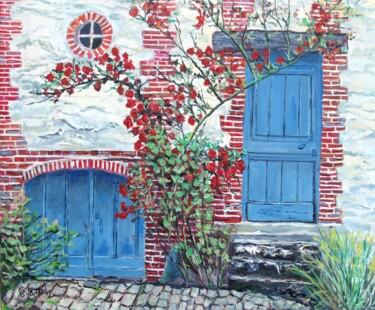 Painting titled "Le domaine des roses" by Claude Evrard, Original Artwork, Oil Mounted on Wood Stretcher frame
