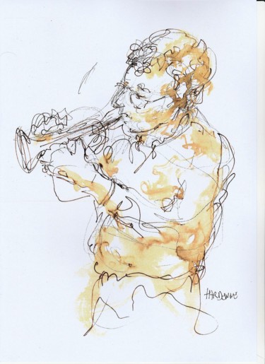 Drawing titled "Trompettiste de jazz" by Claude Hardenne, Original Artwork