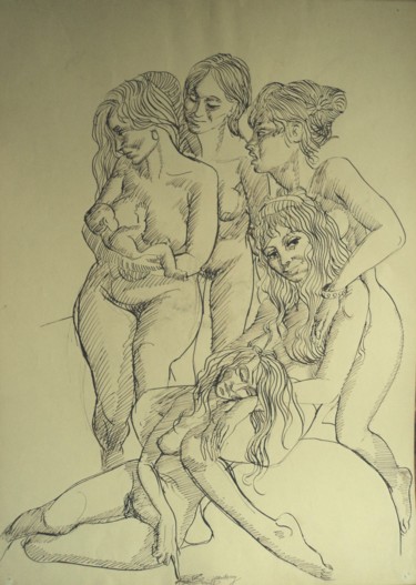 Dessin intitulée "Femmes" par Claude Hardenne, Œuvre d'art originale, Encre