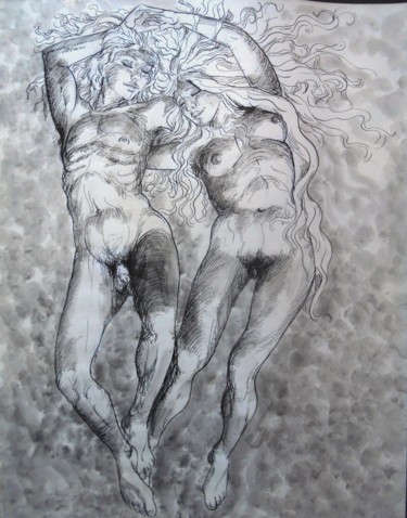 Disegno intitolato "Couple planant" da Claude Hardenne, Opera d'arte originale