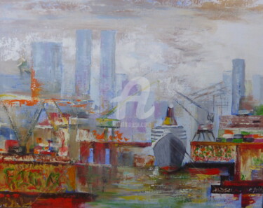 Painting titled "Bateau dans le port…" by Claude Julia (CJULIA), Original Artwork, Oil