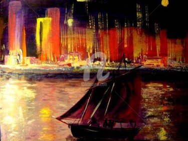 Pittura intitolato "Le voilier arrive a…" da Claude Julia (CJULIA), Opera d'arte originale, Olio