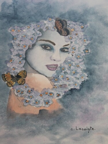 Painting titled "visage aux papillon…" by Claude Lacointe, Original Artwork, Watercolor