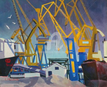 Painting titled "Les grues du port d…" by Claude Marchalot, Original Artwork, Oil Mounted on Wood Stretcher frame