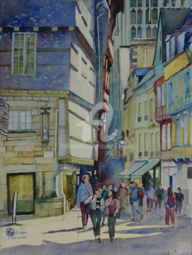 Painting titled "Quimper, rue Kéréon" by Claude Marchalot, Original Artwork, Watercolor Mounted on Other rigid panel