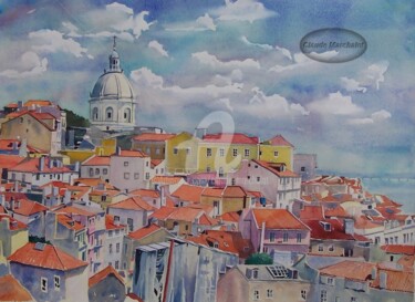 Painting titled "Lisbonne, le quarti…" by Claude Marchalot, Original Artwork, Watercolor