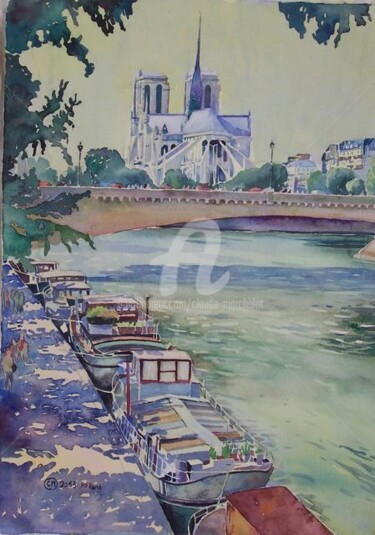 Painting titled "Notre dame et la se…" by Claude Marchalot, Original Artwork, Watercolor