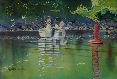 Peinture intitulée "Partie de pêche à l…" par Claude Marchalot, Œuvre d'art originale, Aquarelle Monté sur Autre panneau rig…