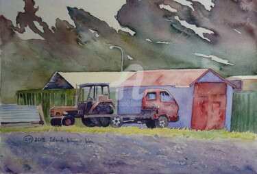 Painting titled "Le hangar bleu" by Claude Marchalot, Original Artwork, Watercolor