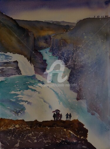 Schilderij getiteld "Les chutes de Gullf…" door Claude Marchalot, Origineel Kunstwerk, Aquarel Gemonteerd op Karton