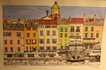 Dessin intitulée "saint-tropez (Var /…" par Claude Martine Jeannoel, Œuvre d'art originale, Marqueur