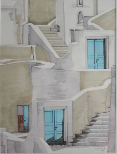 Drawing titled "village-grecque" by Claude Martine Jeannoel, Original Artwork, Marker