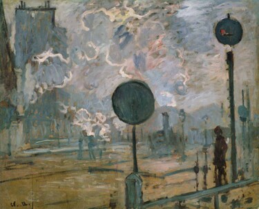 Painting titled "La Gare Saint-Lazar…" by Claude Monet, Original Artwork, Oil Mounted on artwork_cat.