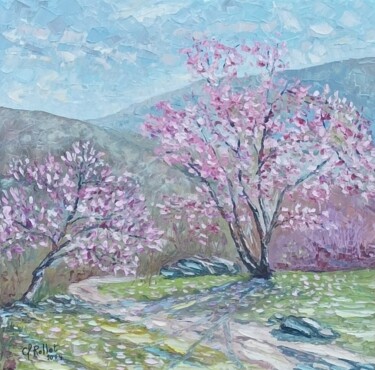 Painting titled "Les magnolias en fl…" by Claude Rollet, Original Artwork, Oil Mounted on Wood Stretcher frame