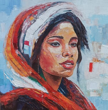 Painting titled "La belle Afghane" by Claude Rollet, Original Artwork, Oil Mounted on Wood Stretcher frame