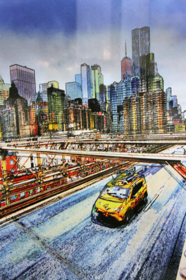 Digital Arts titled "Manhattan and taxi.…" by Claude Corbier, Original Artwork, Digital Painting Mounted on Cardboard