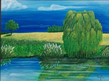 Painting titled "Quietud de verano" by Claudia Fernandez, Original Artwork, Acrylic Mounted on Wood Panel