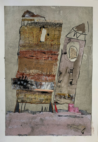 Ζωγραφική με τίτλο "Houses on pink clou…" από Claudia König (koenigsfigurine), Αυθεντικά έργα τέχνης, Ακρυλικό
