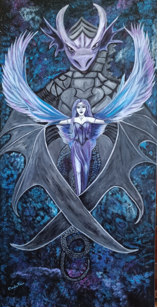 Peinture intitulée "Angel and Dragon" par Claudia Regina Reis, Œuvre d'art originale, Acrylique Monté sur Panneau de bois