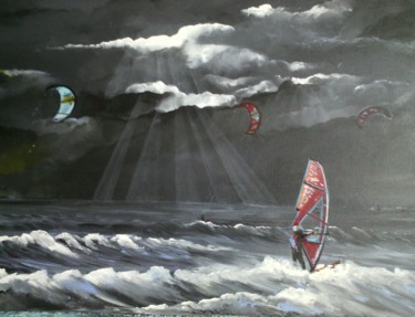 Schilderij getiteld "Kitesurfers et wind…" door Claudine Viégas, Origineel Kunstwerk