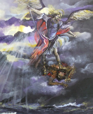 Картина под названием "St Michel et le dra…" - Claudine Viégas, Подлинное произведение искусства, Акрил