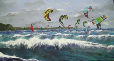 Schilderij getiteld "Kitesurfers à St Mi…" door Claudine Viégas, Origineel Kunstwerk
