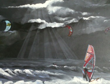 Schilderij getiteld "Kitesurfers et wind…" door Claudine Viégas, Origineel Kunstwerk