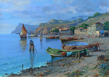 Painting titled "Marina Toscana - Tu…" by Claudio Pallini, Original Artwork, Oil Mounted on Other rigid panel