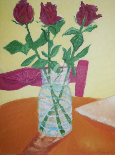 Painting titled "Trois Roses Rouges…" by Clémence C., Original Artwork, Gouache