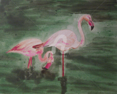 Schilderij getiteld "Flamants Roses" door Clémence C., Origineel Kunstwerk, Gouache