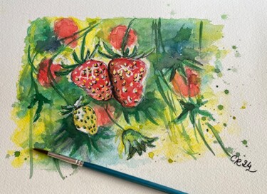 Painting titled "Les fraises" by Clémence Renault, Original Artwork, Watercolor