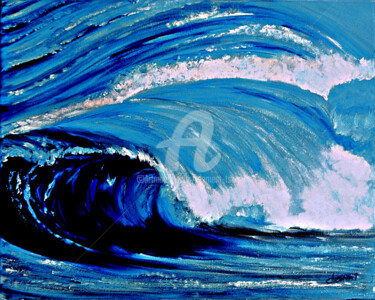 Schilderij getiteld "Big Blue Sea Wave" door Clement Tsang, Origineel Kunstwerk, Olie