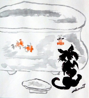 제목이 "Cat and Fish"인 미술작품 Clement Tsang로, 원작, 수채화