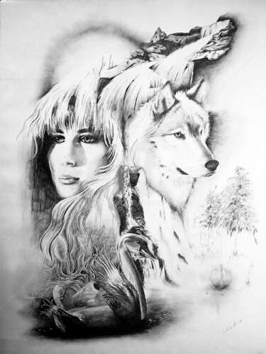 Drawing titled "Lady and Fox" by Clement Tsang, Original Artwork, Charcoal