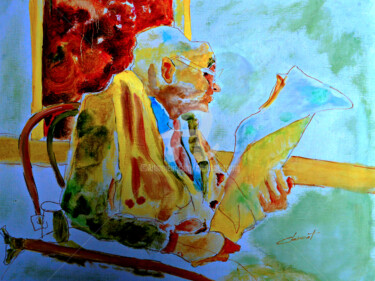 Schilderij getiteld "Old man reading new…" door Clement Tsang, Origineel Kunstwerk, Olie