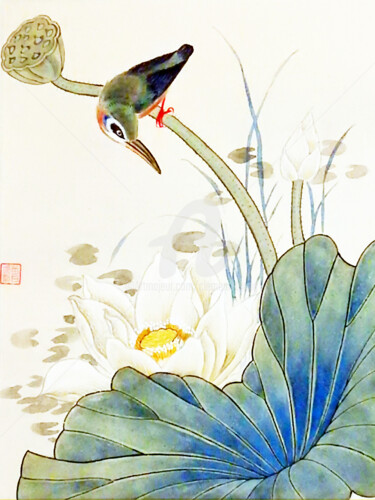 Painting titled "Bird on Lotus" by Clement Tsang, Original Artwork, Watercolor