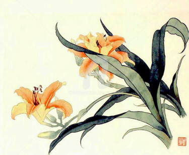 Schilderij getiteld "Yellow Flower" door Clement Tsang, Origineel Kunstwerk, Aquarel