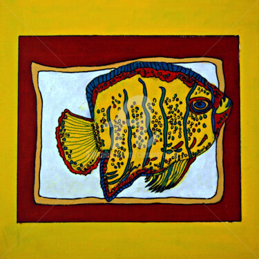 Schilderij getiteld "Fish with Yellow Su…" door Clement Tsang, Origineel Kunstwerk, Olie
