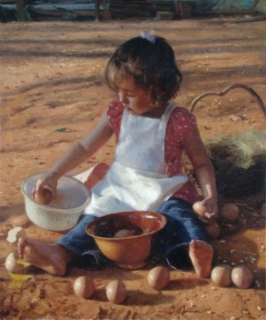Pintura intitulada "Brincando com ovos" por Clodoaldo Martins, Obras de arte originais, Óleo