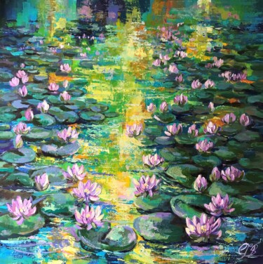 绘画 标题为“Sunset on Lily pond” 由Colette Baumback, 原创艺术品, 丙烯 安装在木质担架架上
