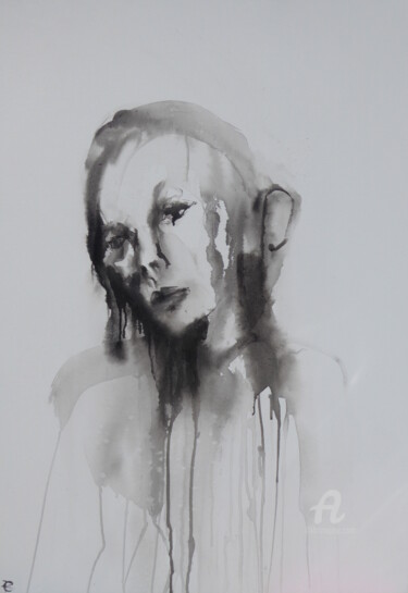 「Abstract portrait II」というタイトルの絵画 Constance Robineによって, オリジナルのアートワーク, インク ウッドストレッチャーフレームにマウント