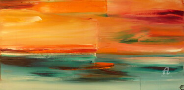 Painting titled "Yellow Pink Horizon" by Constance Robine, Original Artwork, Acrylic Mounted on Wood Stretcher frame