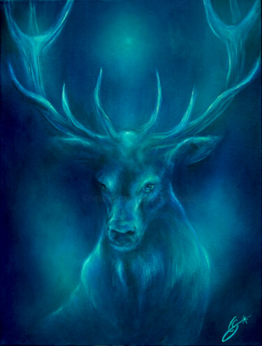 Malarstwo zatytułowany „Blue Deer” autorstwa Constance Schroeder, Oryginalna praca, Akryl Zamontowany na Drewniana rama noszy