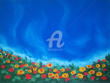 Painting titled "GROWING BLUE" by Constantin Popescu, Original Artwork, Oil Mounted on Wood Stretcher frame